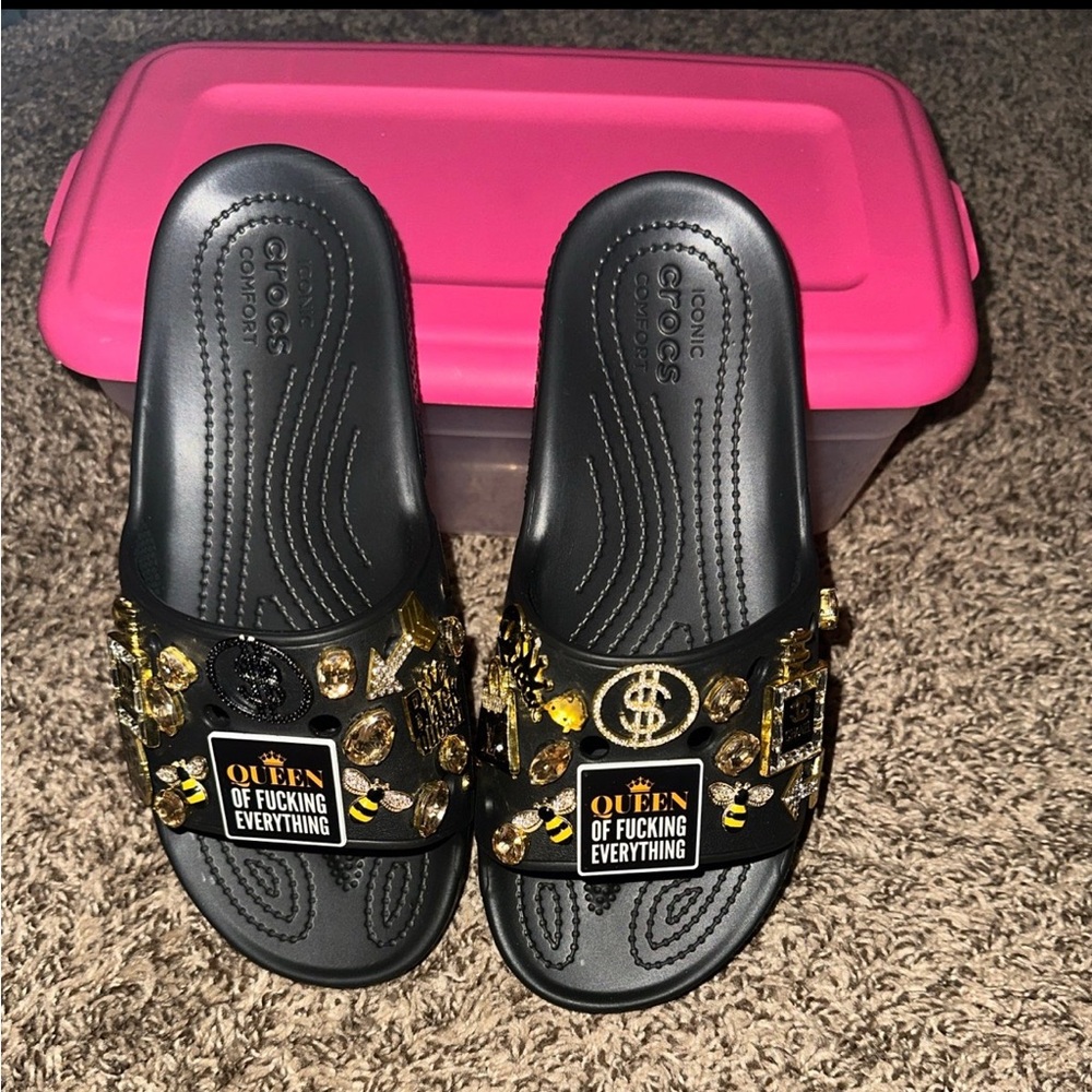Black Girl Crocs slides...with Gold Accents.